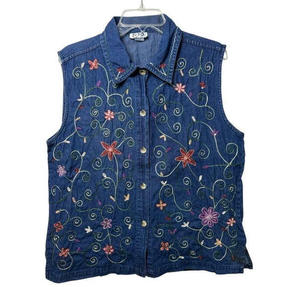 Vintage 90s Embroidered Denim Vest Size Large Floral Boho Cottage - Picture 1 of 5